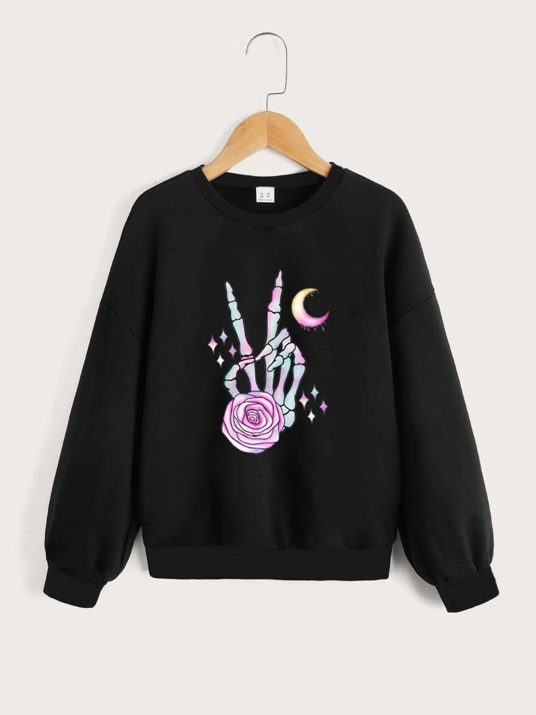 Black Round Neck Graphics Printed Long Sleeves Polyester Sweatshirt