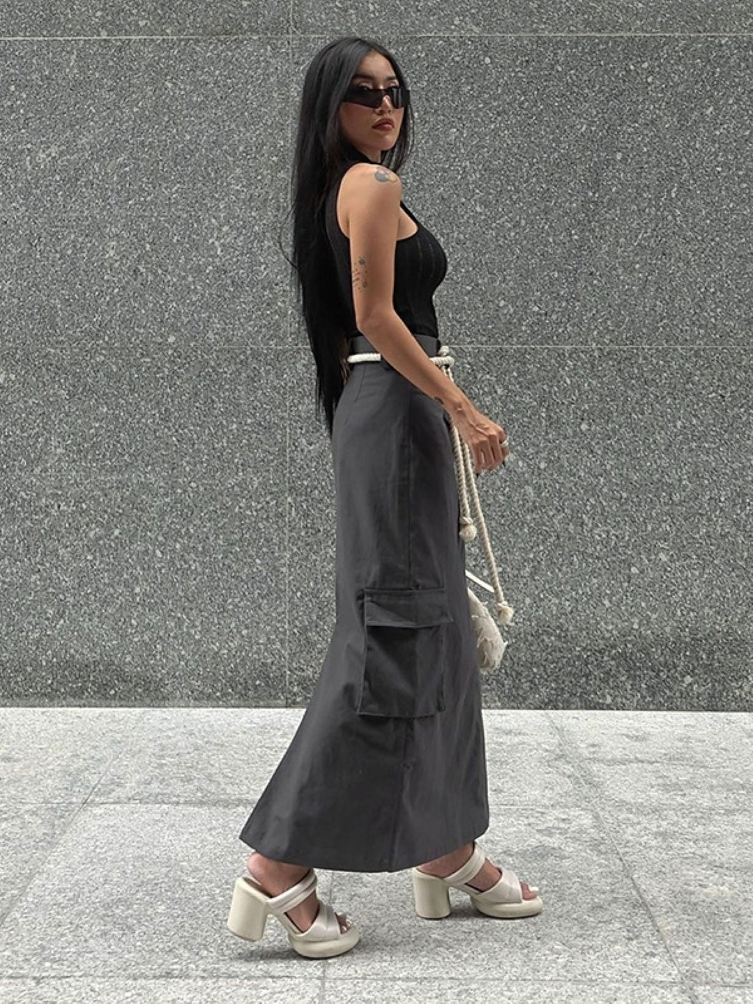 Grey Solid Maxi Polyester Skirt