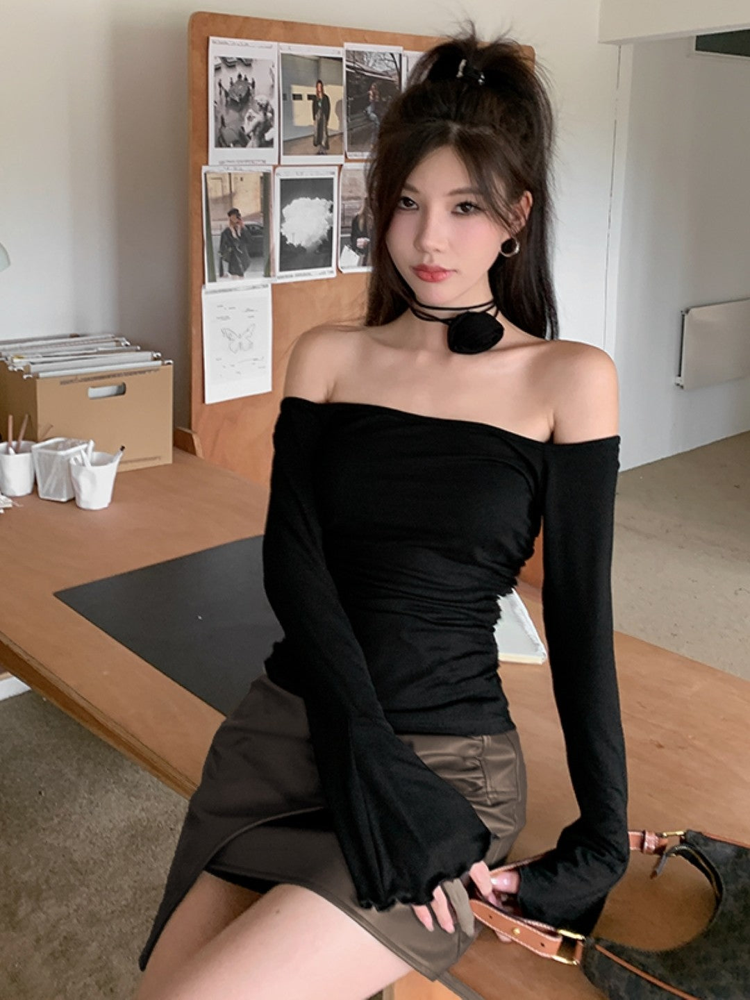 Black Off Shoulder Solid Short Sleeves Viscose Top