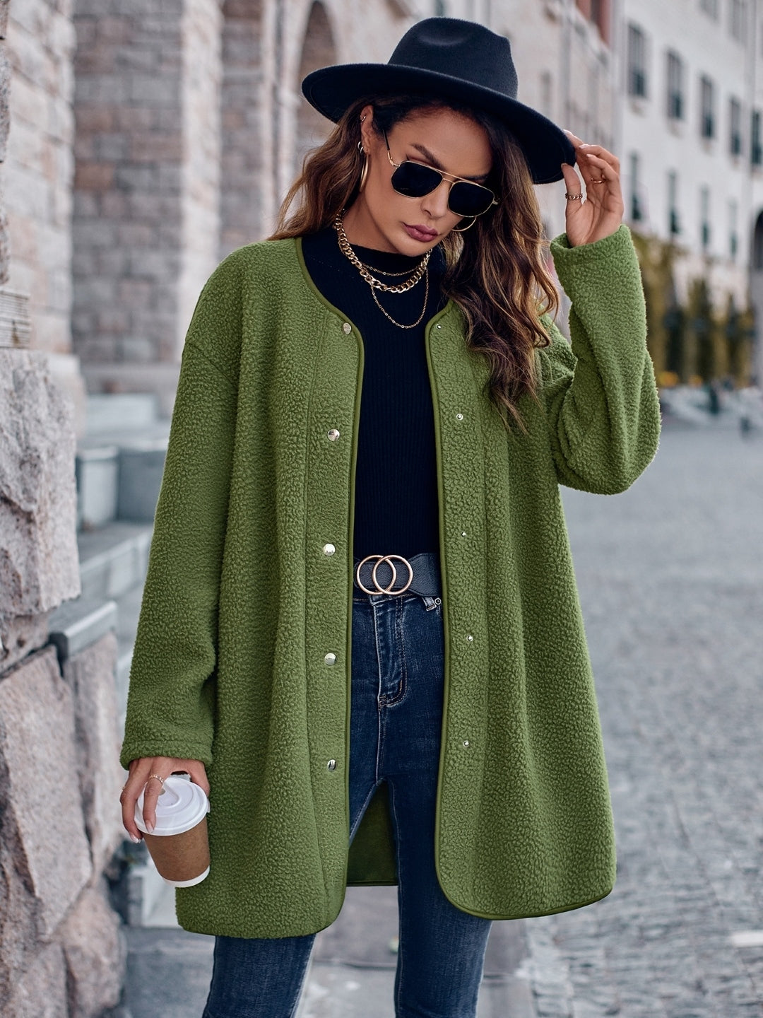 Green Shirt Collar Long Sleeve Polyester Top