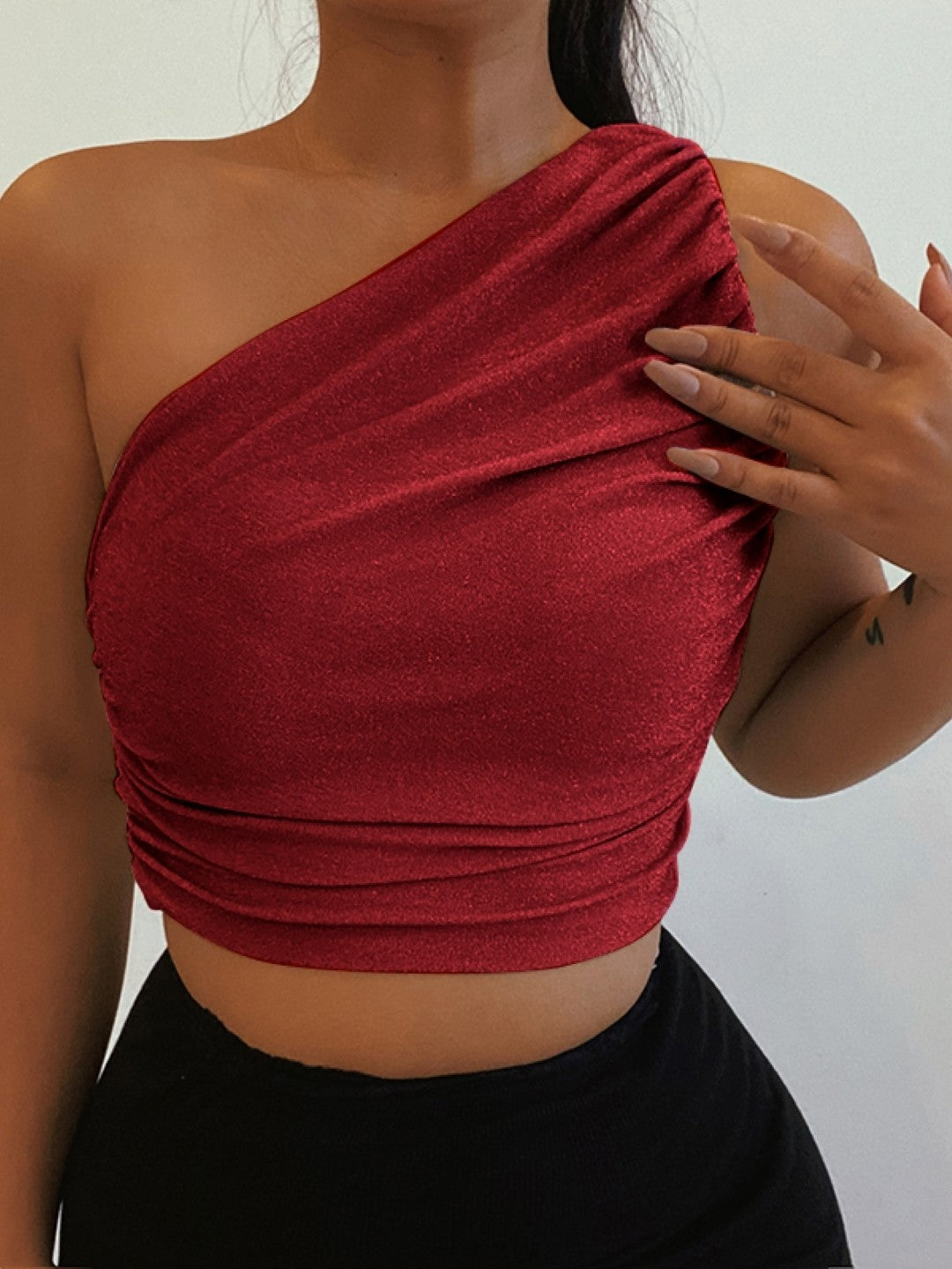 Red One Shoulder Sleeveless Polyester Top