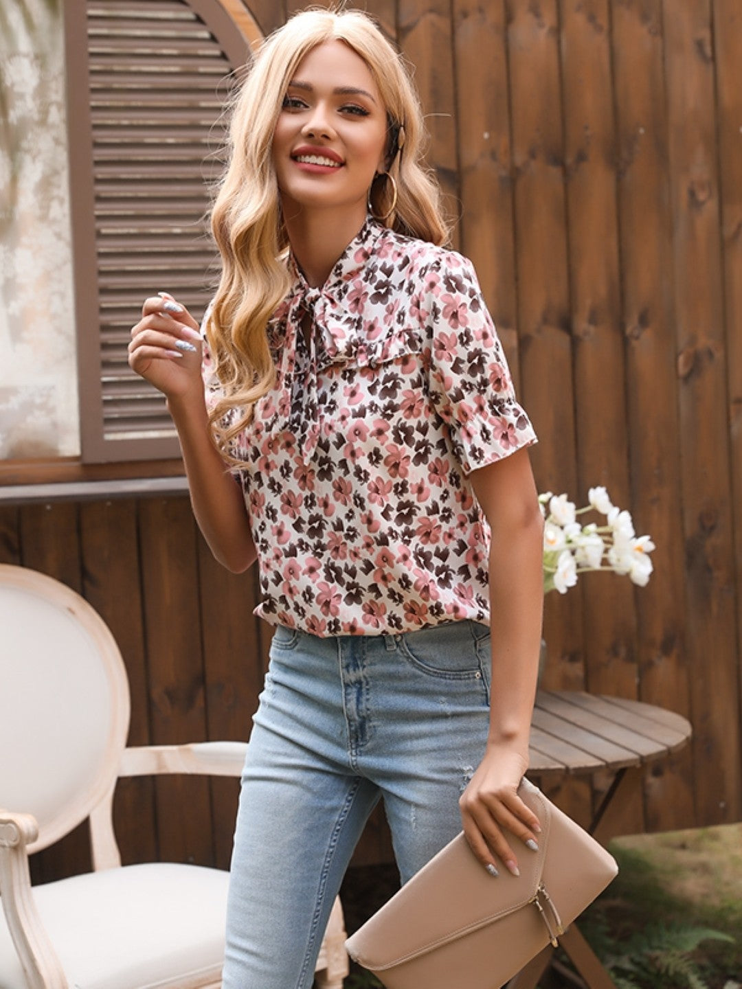 Pink V-Neck Floral Short Sleeves Polyester Top