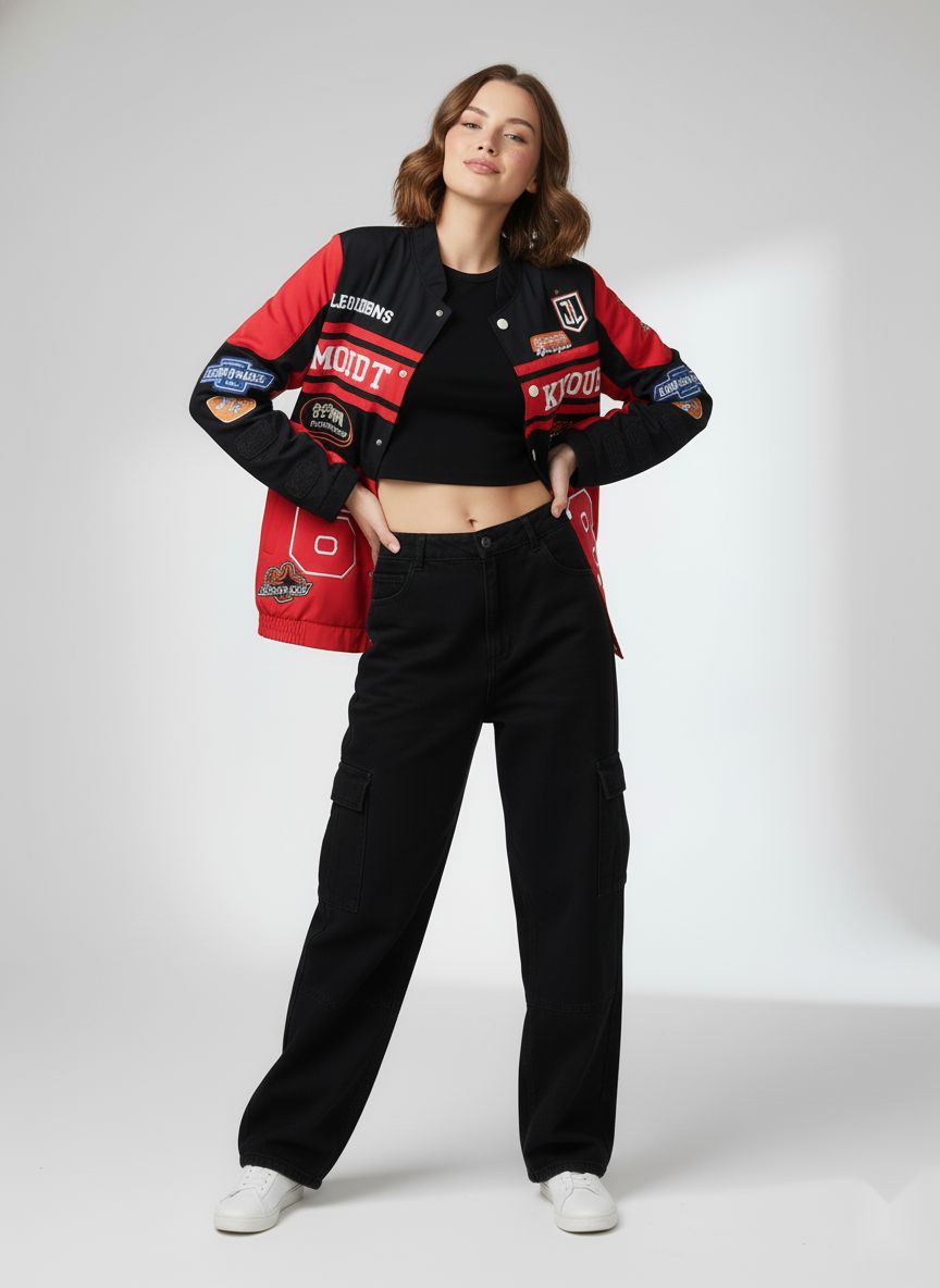 Red Collarless Long Sleeves Typography Polyester Open Front Jacket