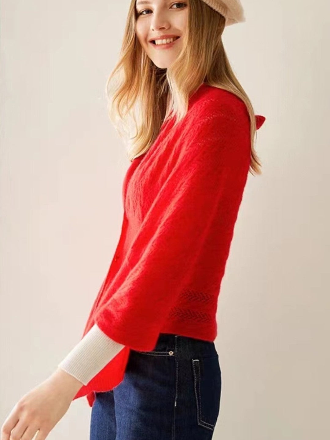 Red V-Neck Three-Quarter Sleeves Solid Top