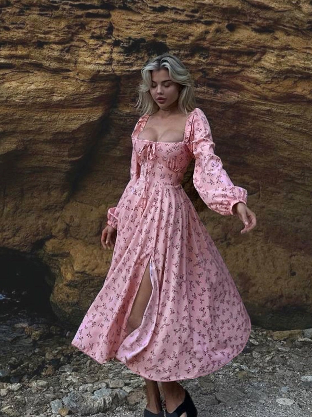 Pink Square Neck Printed Long Sleeves Midi A-Line Polyester Dress