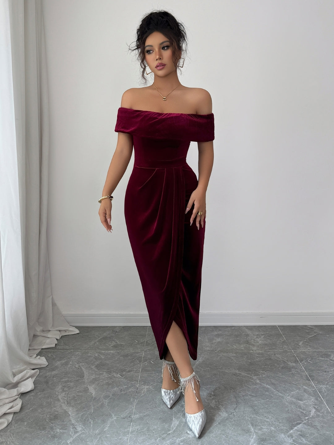 Red Off-Shoulder Solid Short Sleeves Maxi Bodycon Polyester Dress