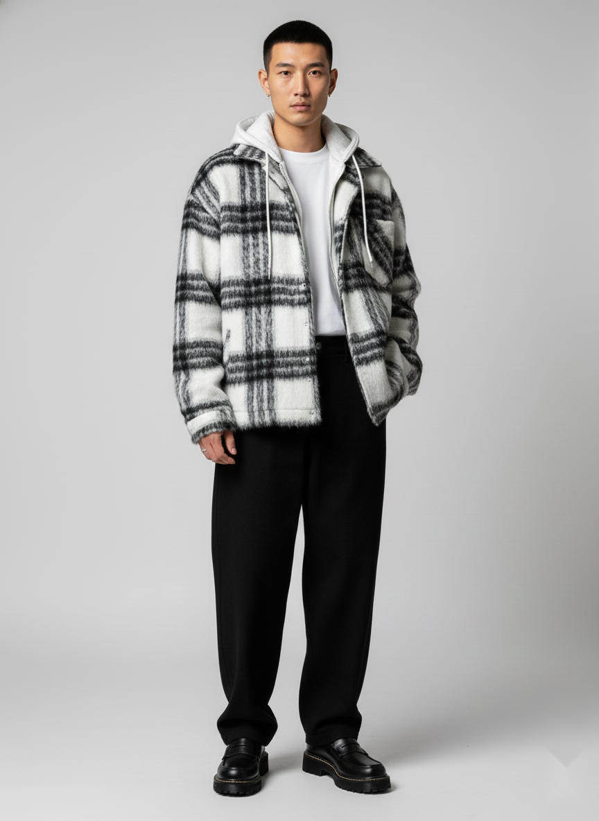 Men Hooded Checked Casual Tailored Jacket