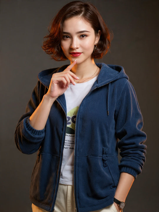 Women Solid Long Sleeves Hooded Jacket