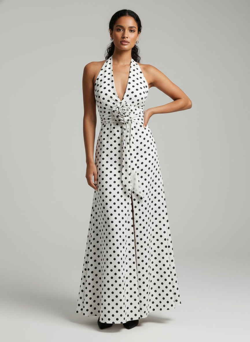 White Polka Dot Print A-Line Maxi Dress