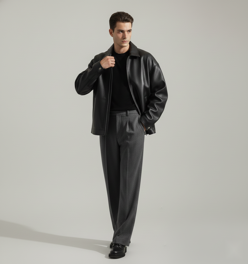 Men's Midnight Noir Spread Collar Faux Leather Jacket