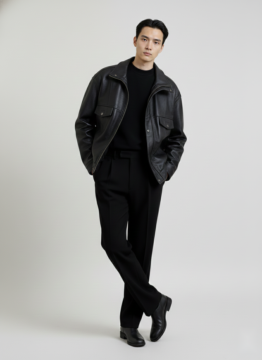 Men Spread Collar Solid Leather Casual Leather Jacket