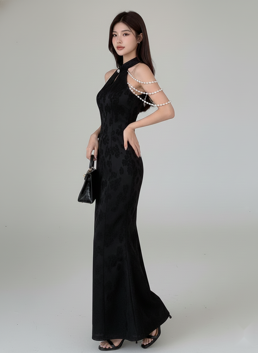Black Round Neck Solid Sleeveless Maxi Bodycon Polyester Dress