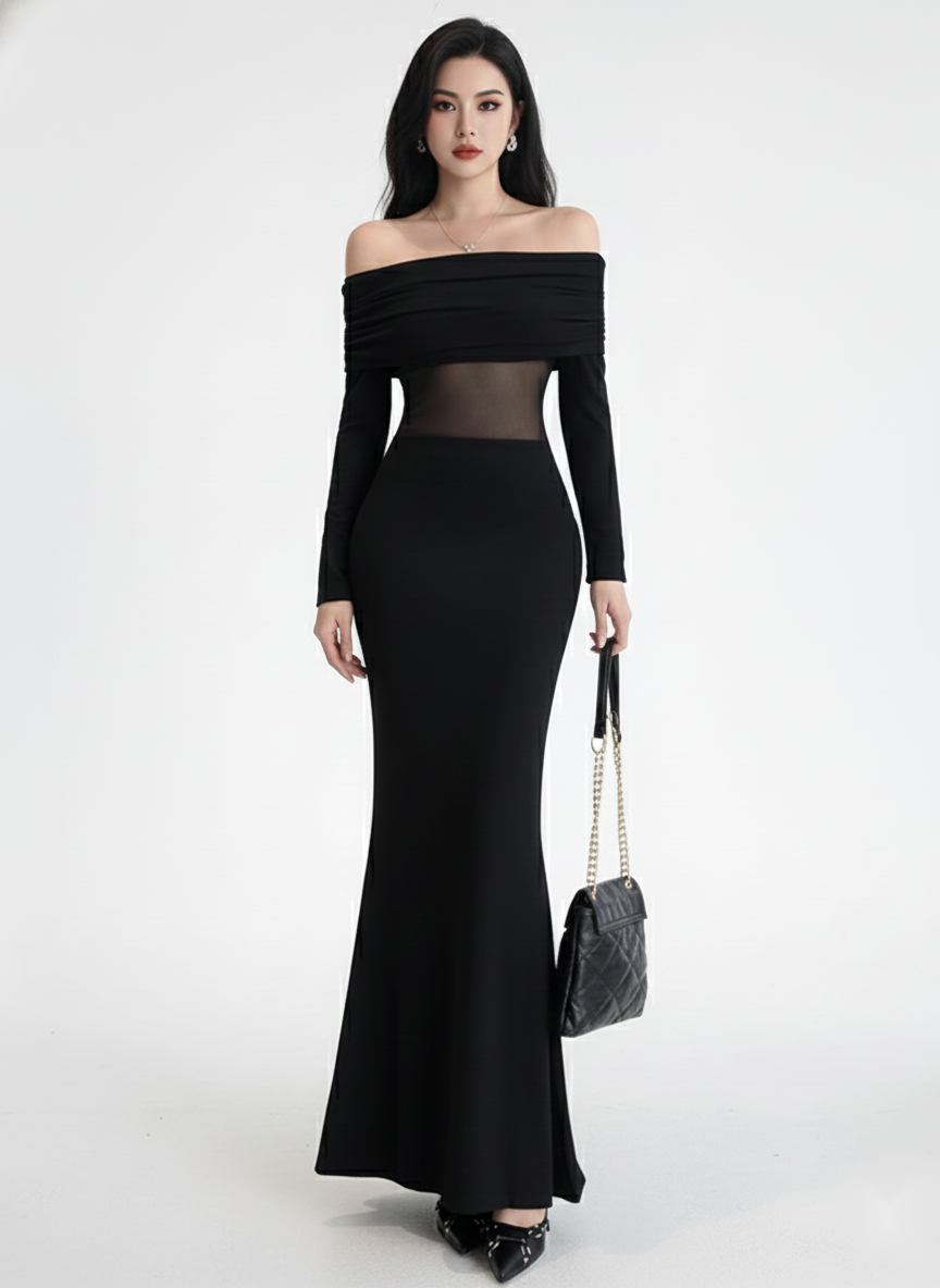 Black Off-Shoulder Solid Long Sleeves Maxi Bodycon Polyester Dress