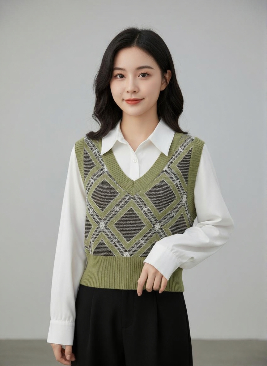 Green Viscose Rayon V-Neck Long Sleeves Checked Top