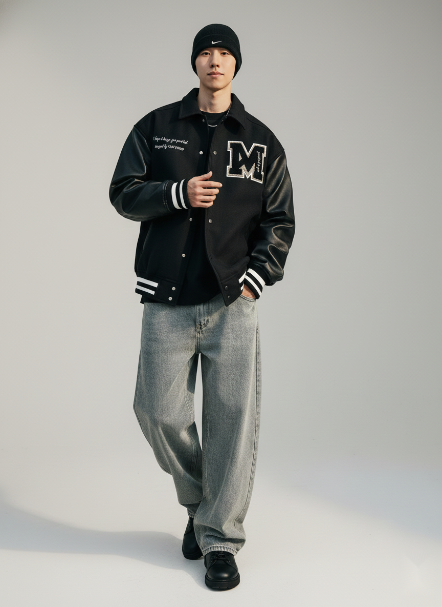 Black Spread Collar Long Sleeves Printed Polyester Open Front Varsity Jacket