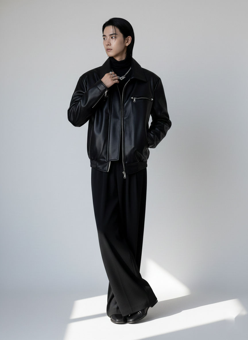 Men Spread Collar Solid Leather Causal Leather Jacket