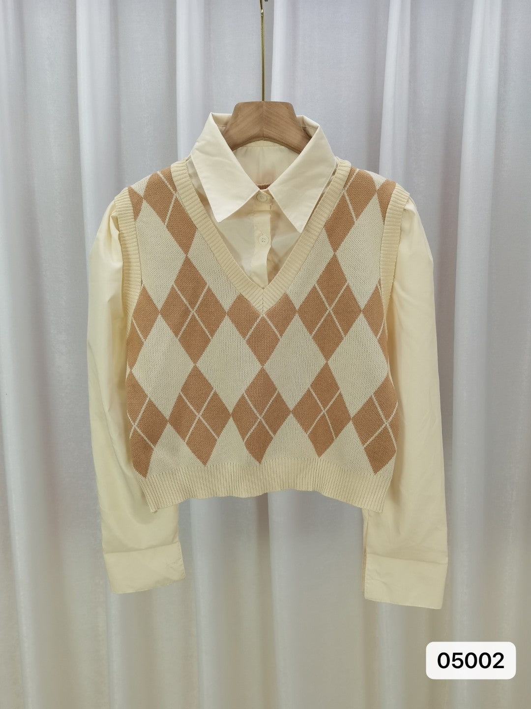 Brown Viscose Rayon Shirt Collar Long Sleeves Checked Top