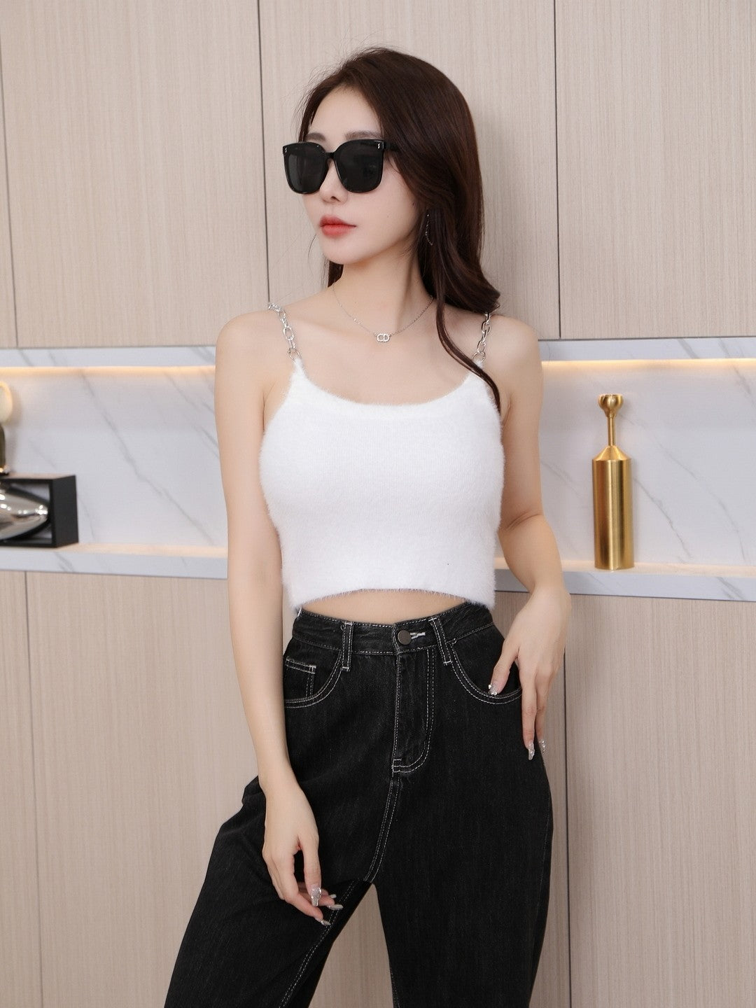 White Shoulder Straps Sleeveless Solid Top