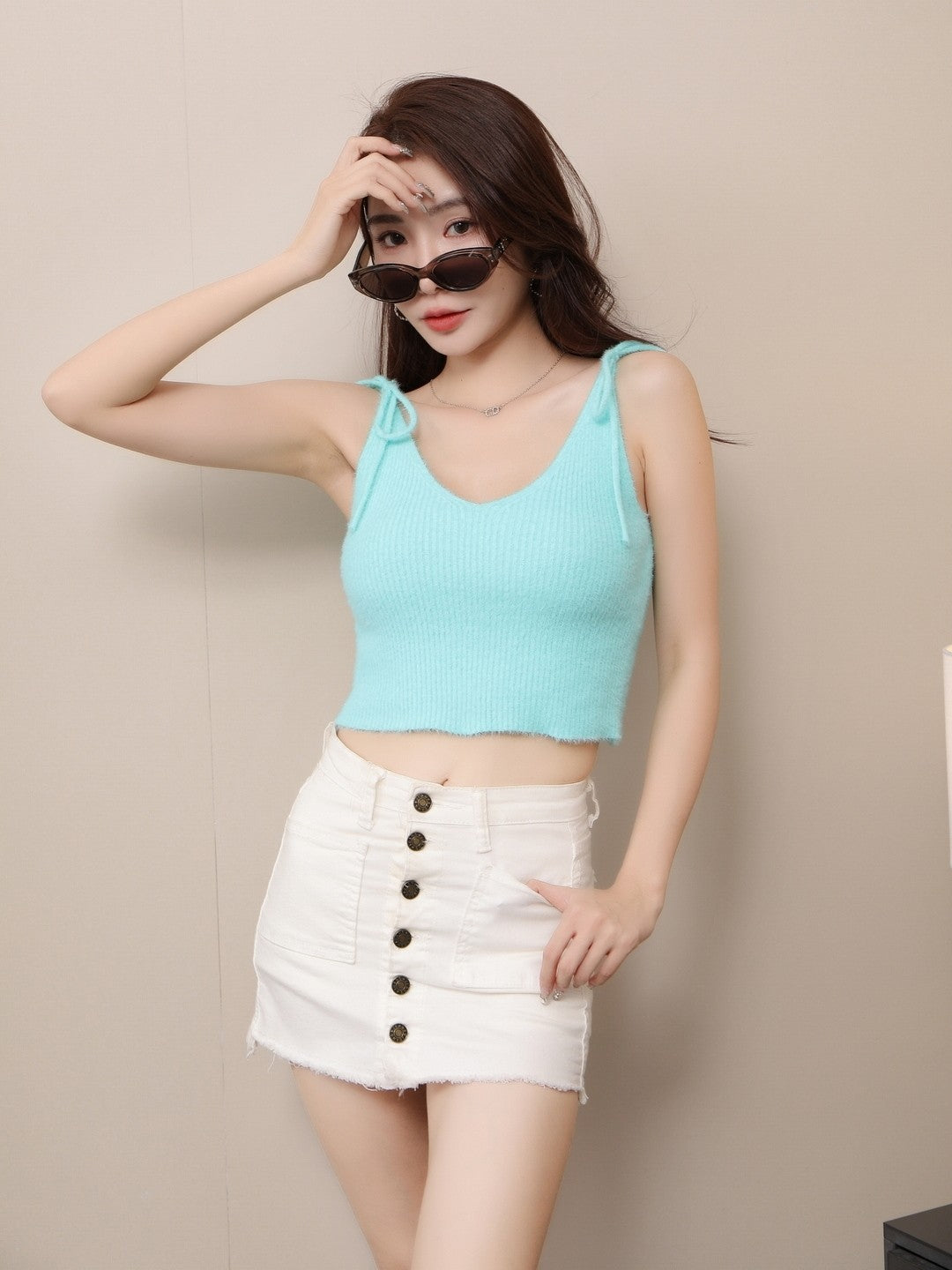 Blue V-Neck Sleeveless Solid Top