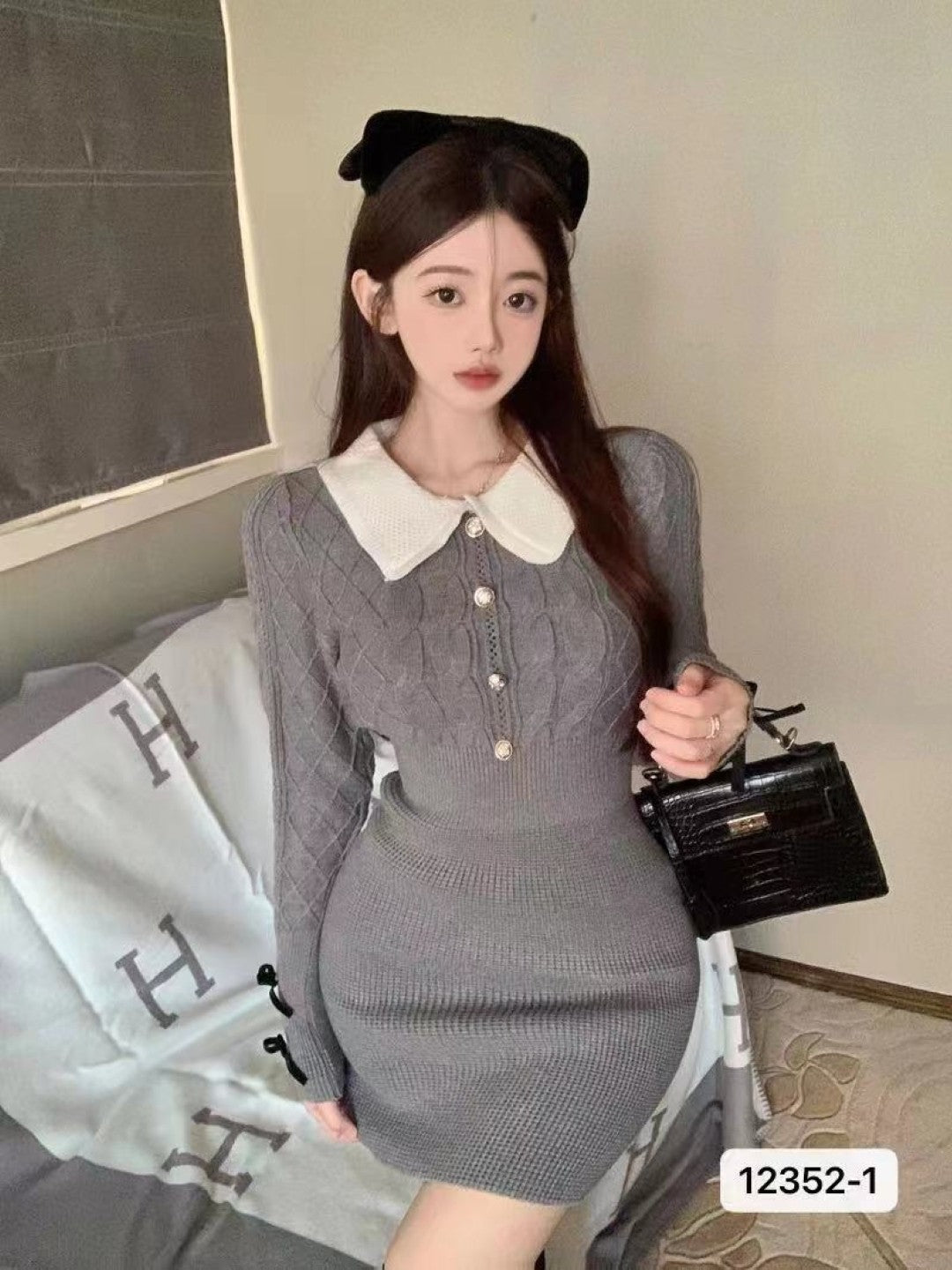 Grey Shirt Collar Long Sleeves Solid Top