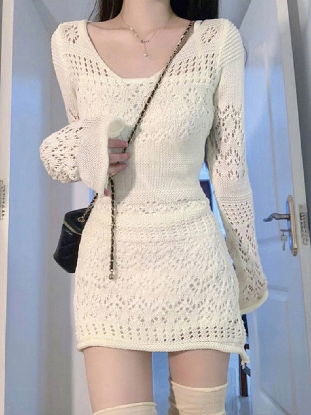 Cream V-Neck Solid Long Sleeves Above Knee Sheath Polyester Dress