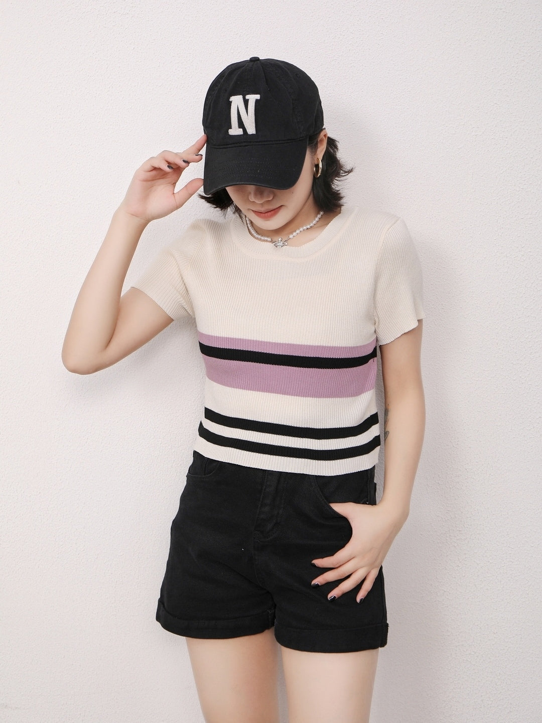 Cream Round Neck Short Sleeves Horizontal Stripes Top