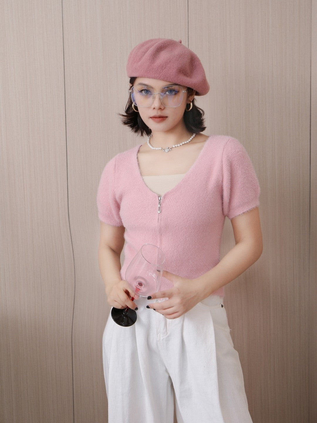 Pink Nylon V-Neck Short Sleeves Solid Top