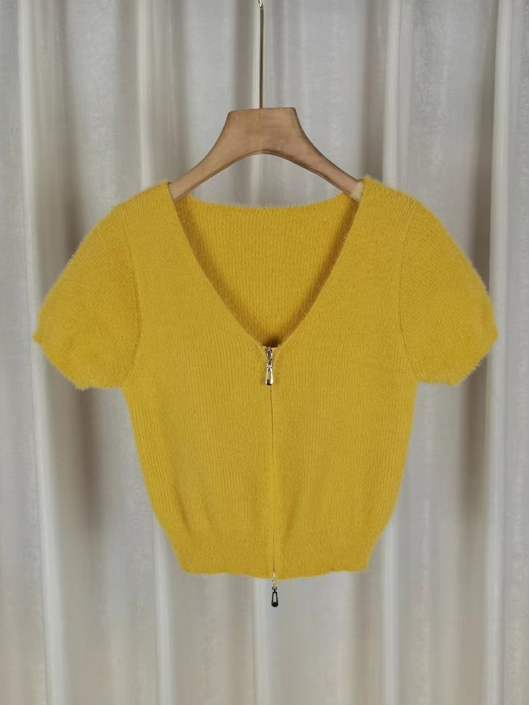 Yellow Nylon V-Neck Short Sleeves Solid Top