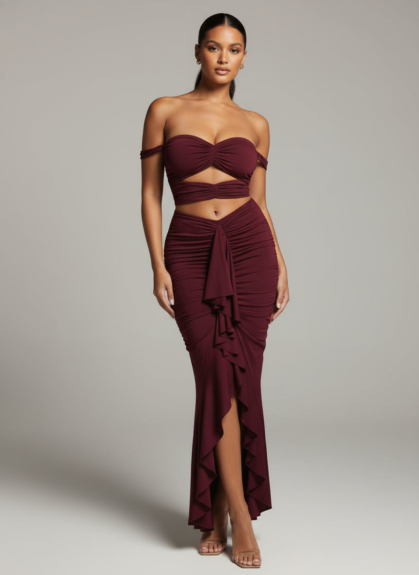 Burgundy Off-Shoulder Bodycon Maxi Dress