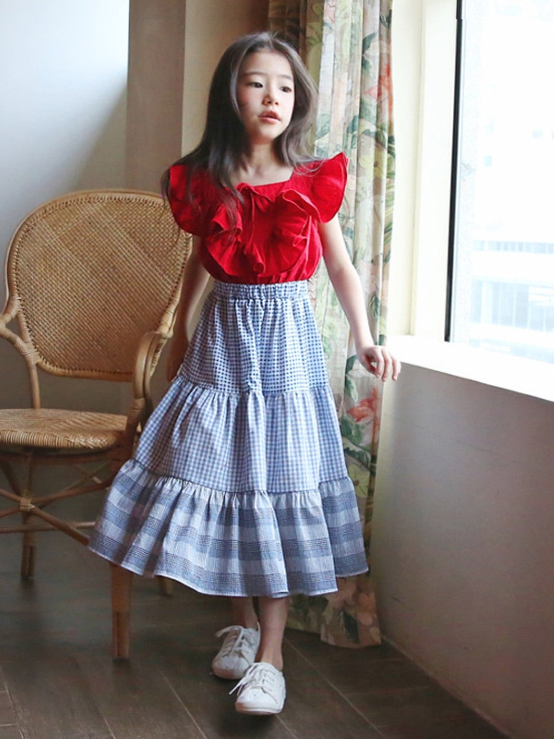 Red Square Neck Casual A-Line Striped Cotton Knee Length Dresses