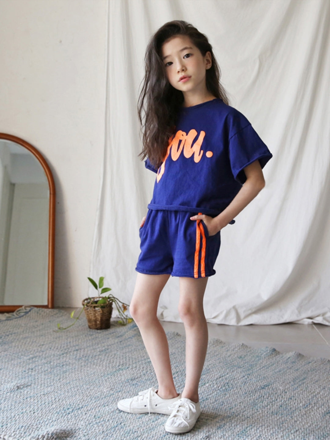 Navy Blue & Orange Round Neck Short Sleeves Cotton Blend Shorts & T-shirt Printed Clothing Set