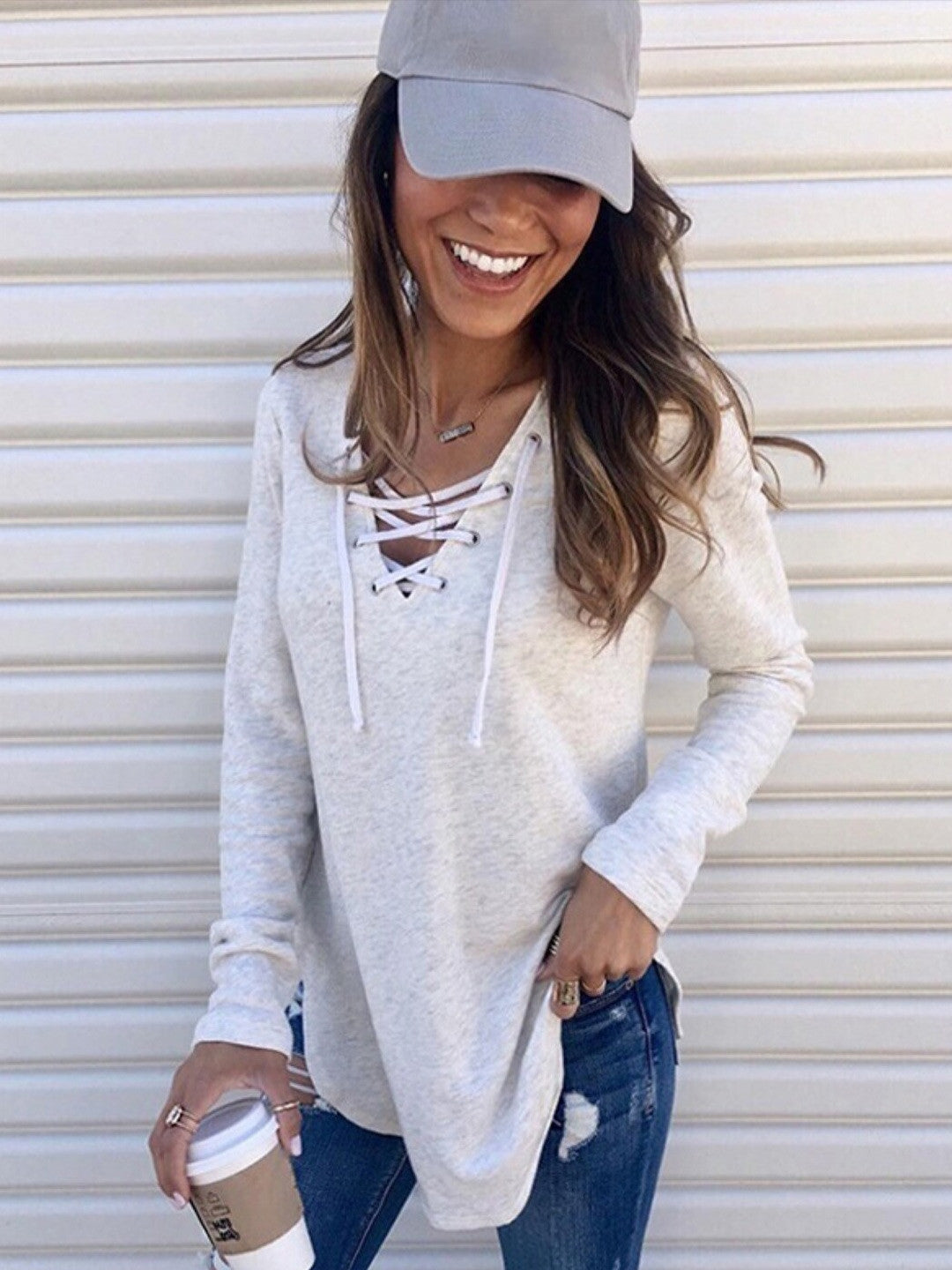 White Tie-Up Neck Long Sleeves Solid Polyester Top