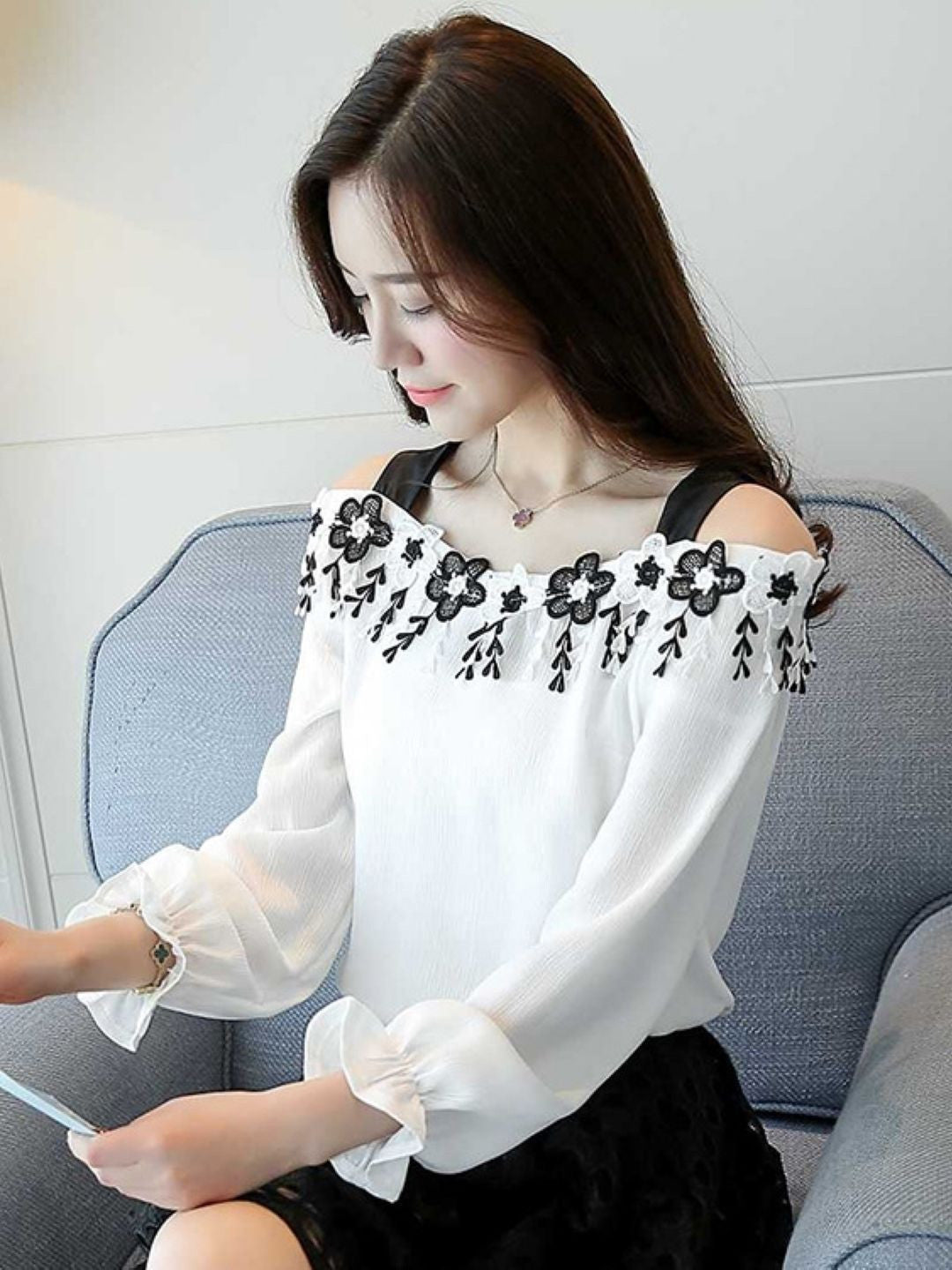 White Shoulder Straps Short Sleeves Floral Polyester Top