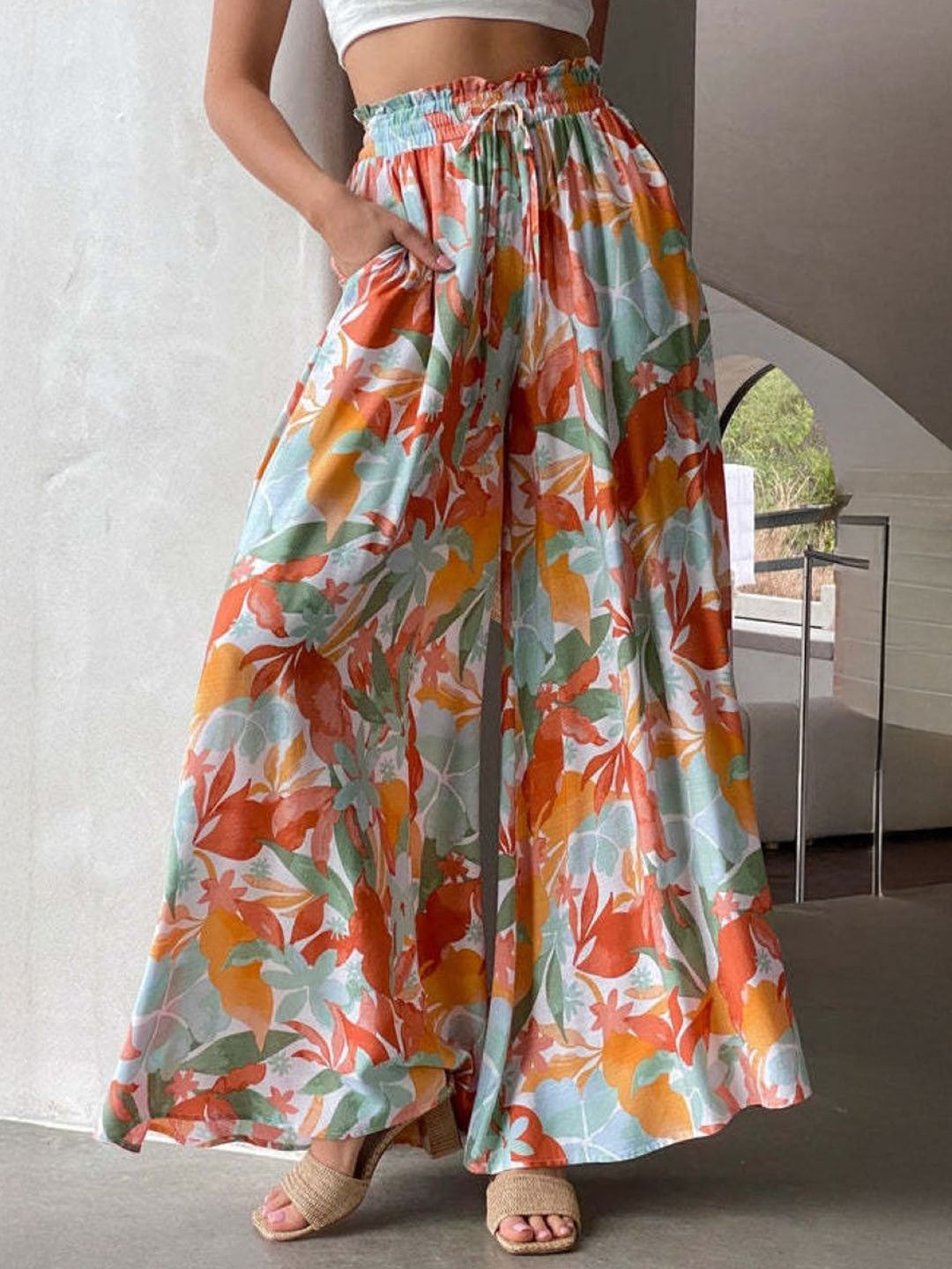 Orange Loose Fit Printed Polyester Trouser