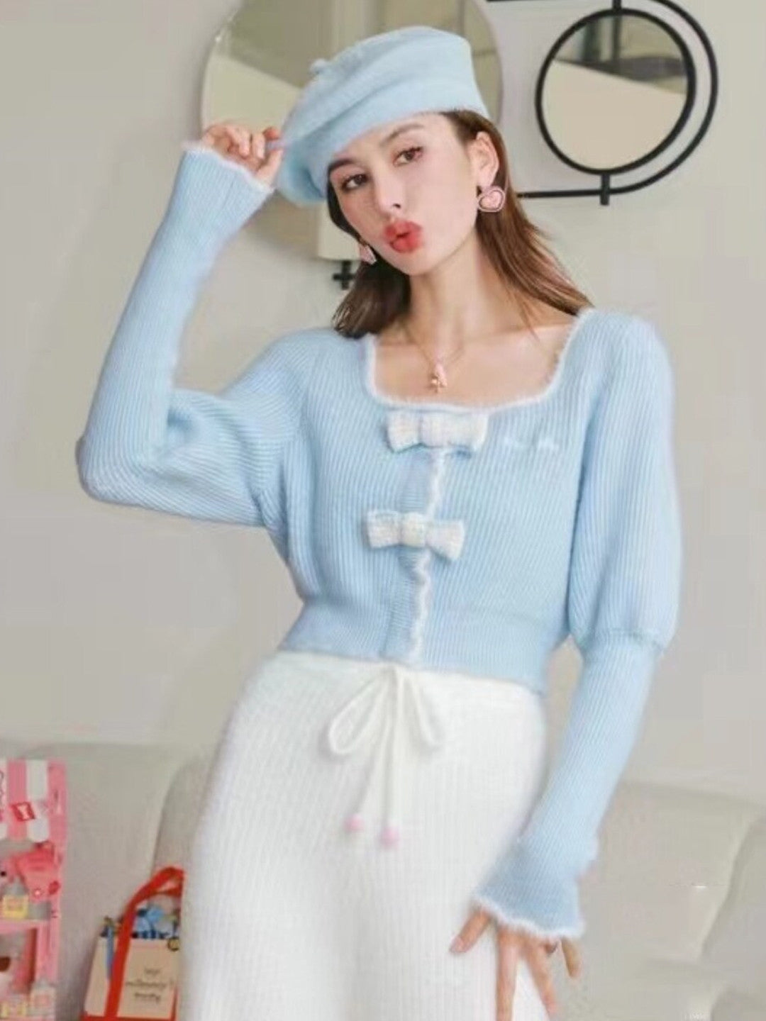 Blue Round Neck Long Sleeves Solid Regular Sleeves Acrylic Top