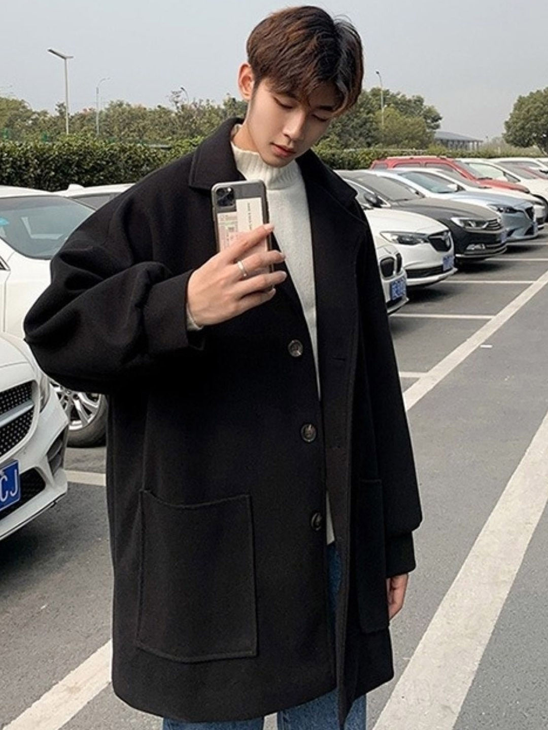 Black Lapel Collar Long Sleeves Solid Polyester Open Front Jacket