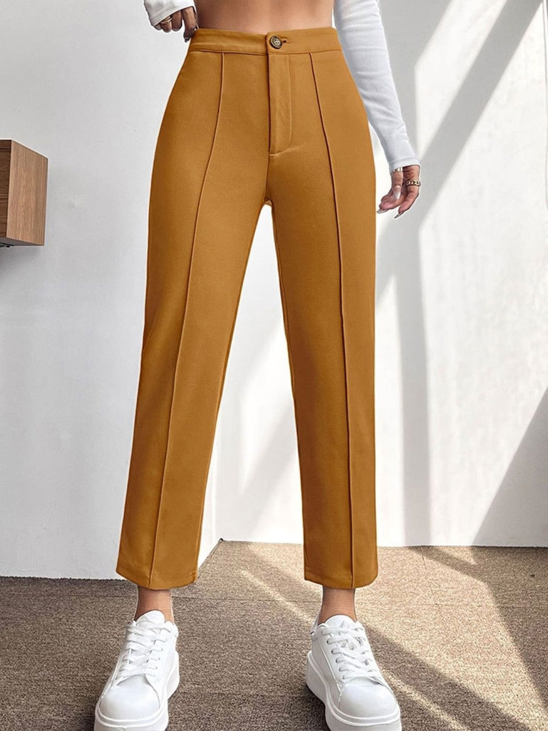 Khaki Slim Fit Solid Polyester Trouser