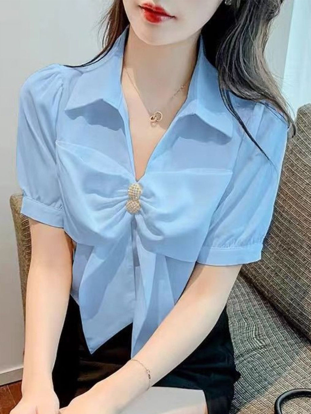 Blue Shirt Collar Short Sleeves Solid Polyester Top