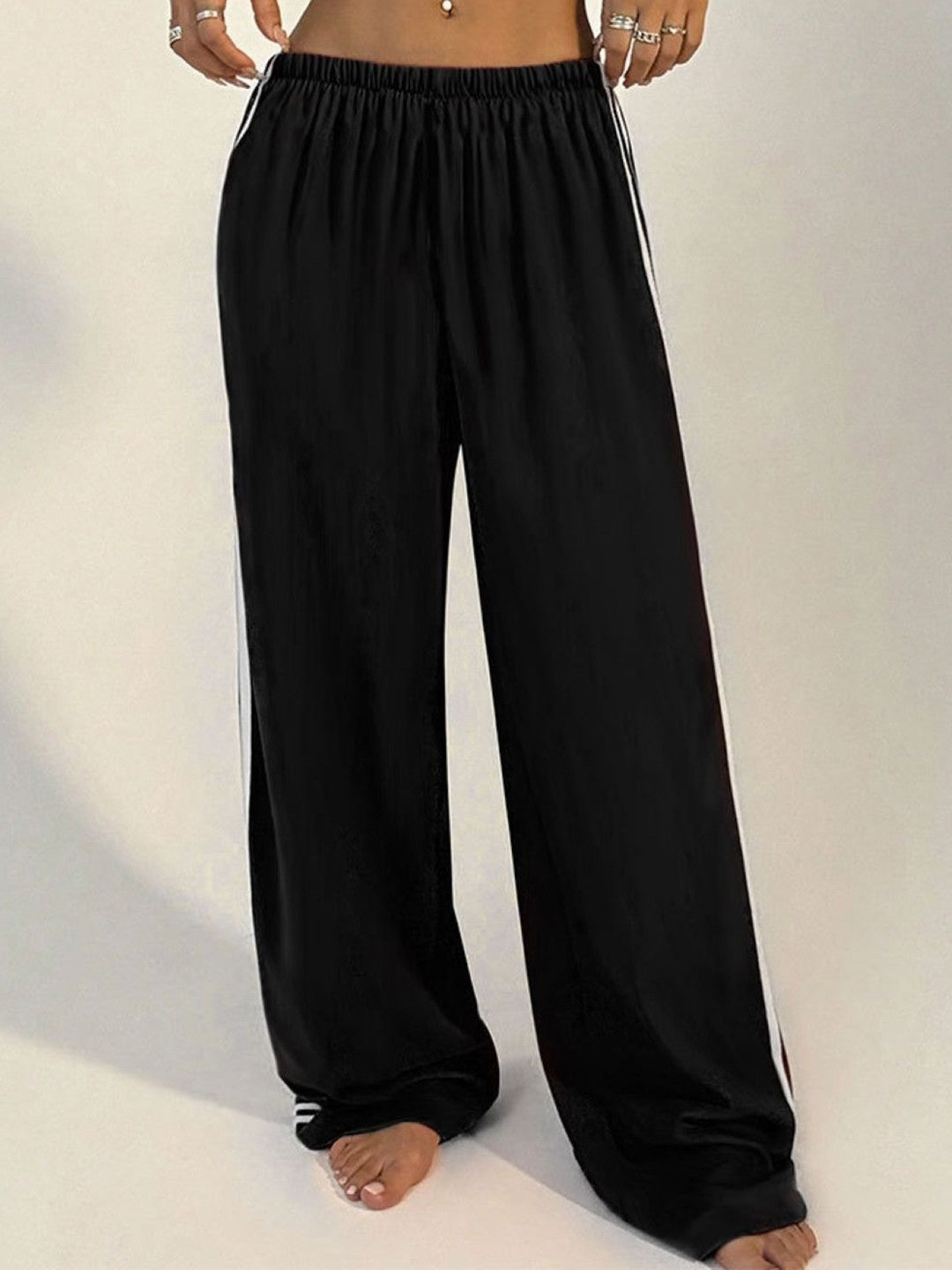 Black Loose Fit Striped Polyester Trouser