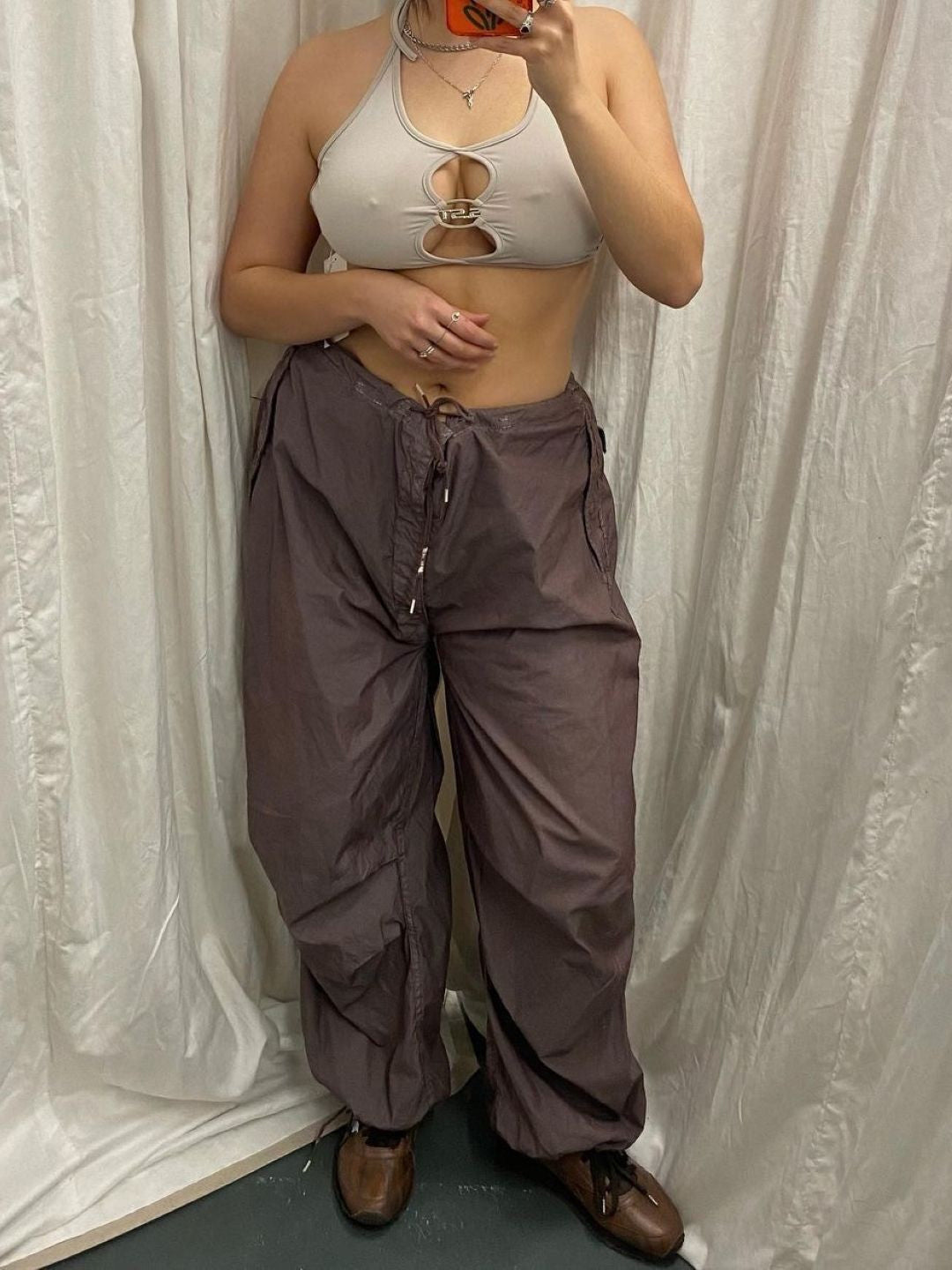 Brown Solid Loose Fit Polyester Trouser