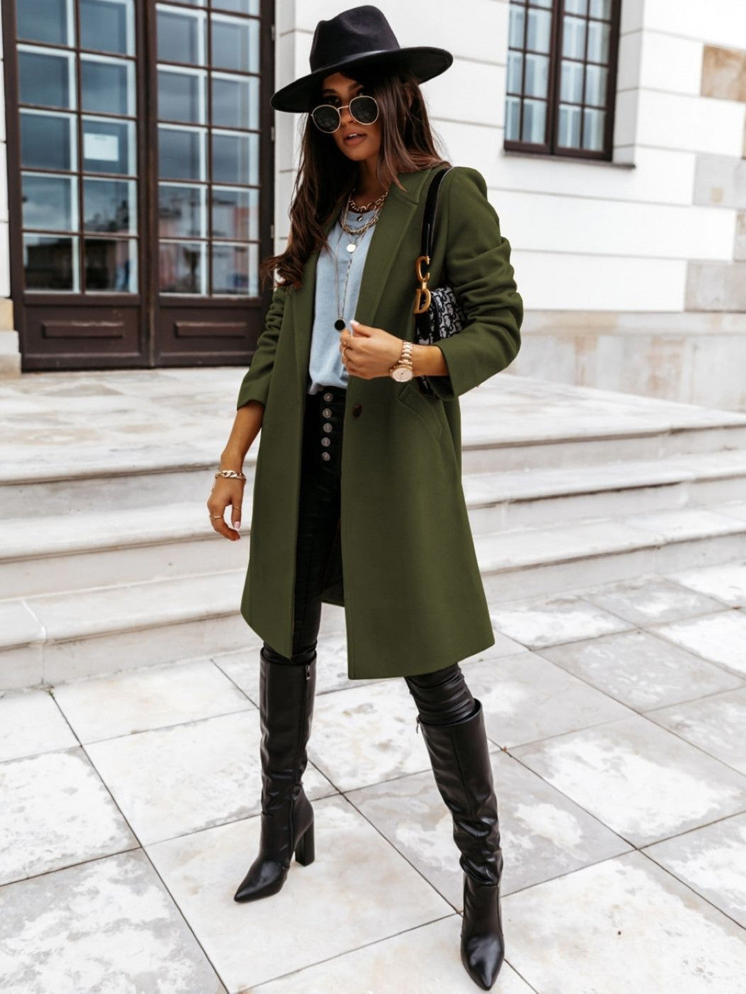 Green Lapel Collar Long Sleeves Solid Polyester Open Front Jacket