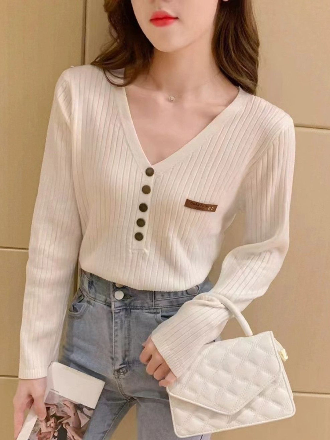 Cream V-Neck Long Sleeves Solid Polyester Top