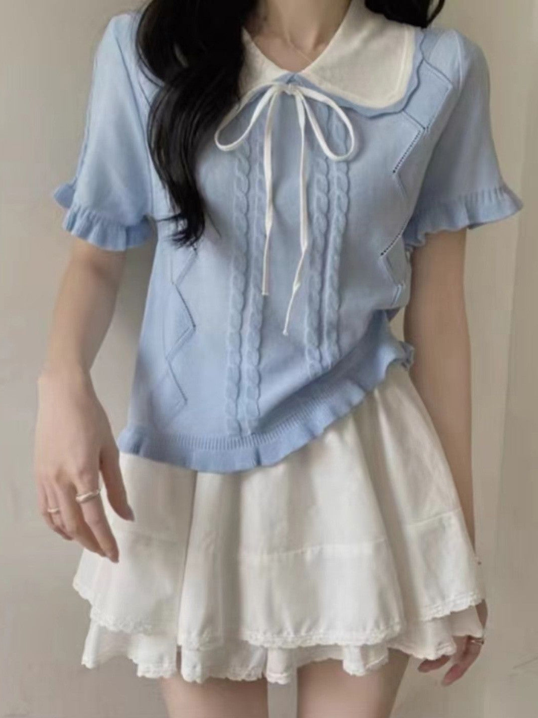 Blue Shirt Collar Solid Short Sleeves Viscose Rayon Regular Top