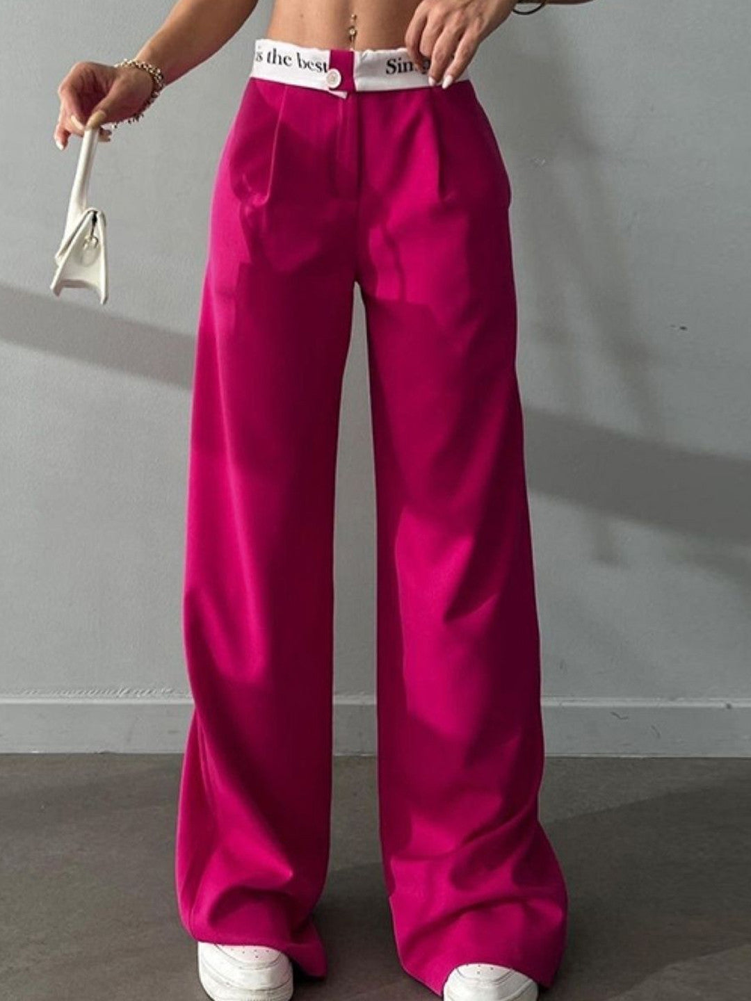 Pink Printed Regular Fit Polyester Trouser