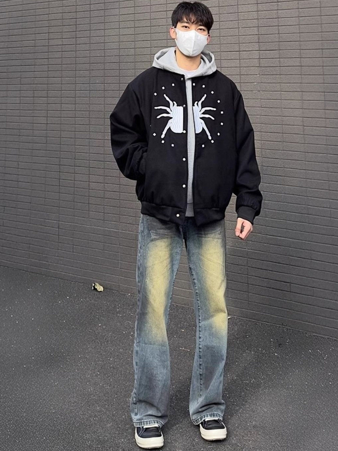 Black Hooded Long Sleeves Printed Polyester Open Front Jacket