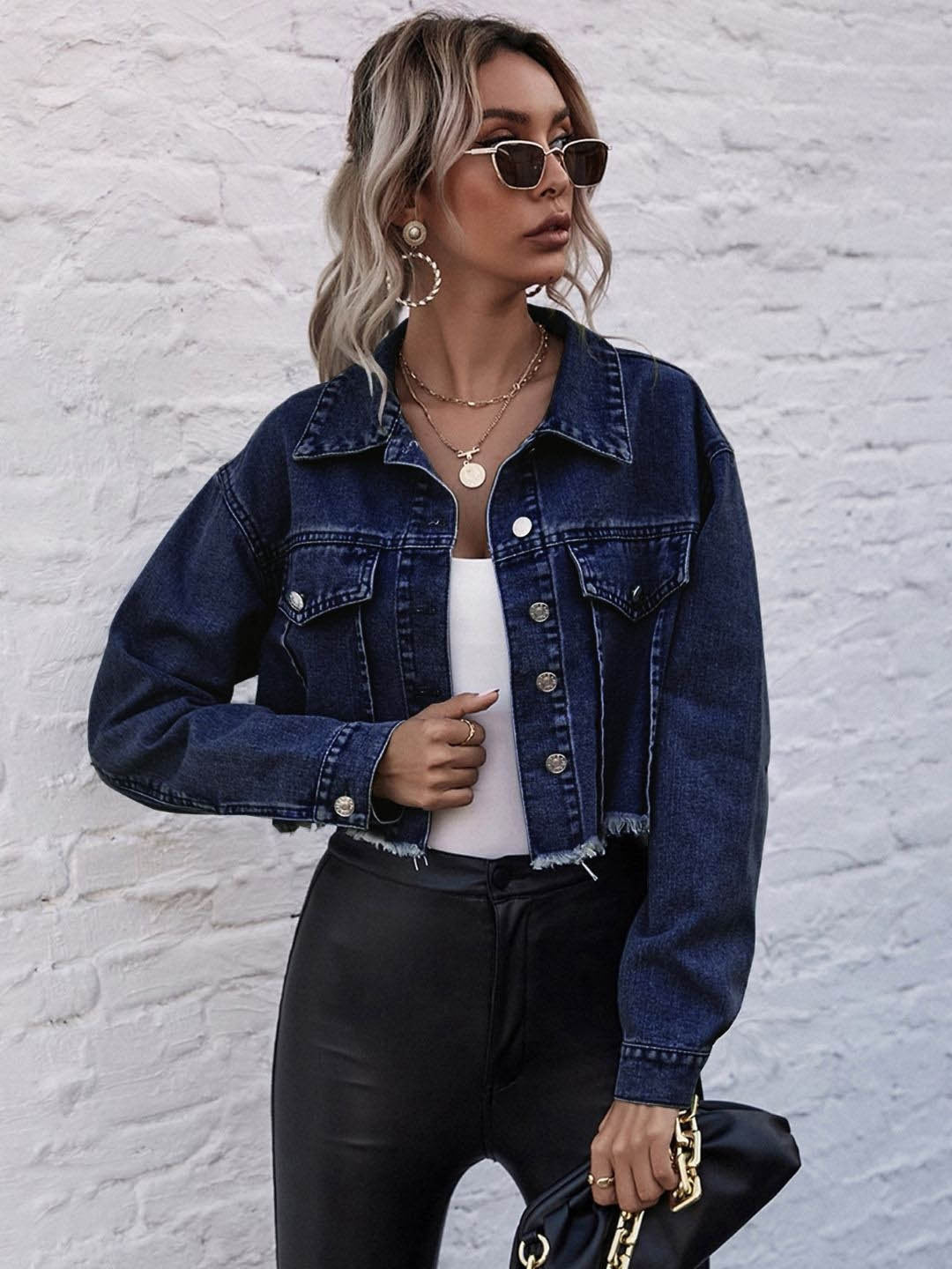 Navy Blue Stand Collar Solid Long Sleeves Polyester Jacket