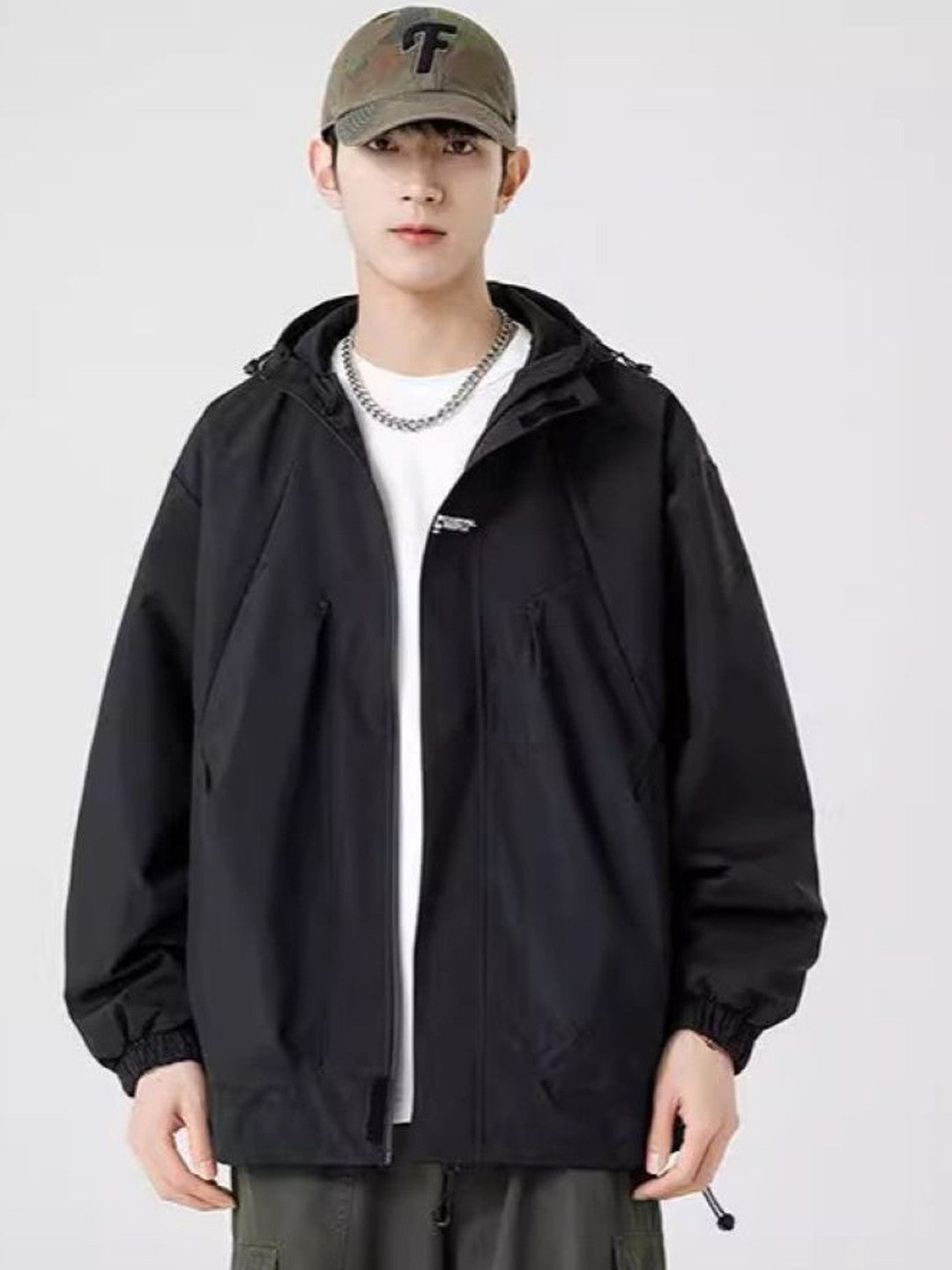 Black Hooded Long Sleeves Solid Polyester Open Front Jacket