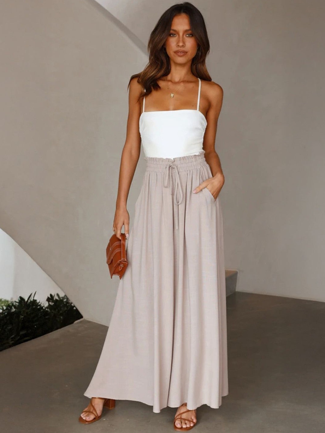 Cream Loose Fit Solid Polyester Trouser