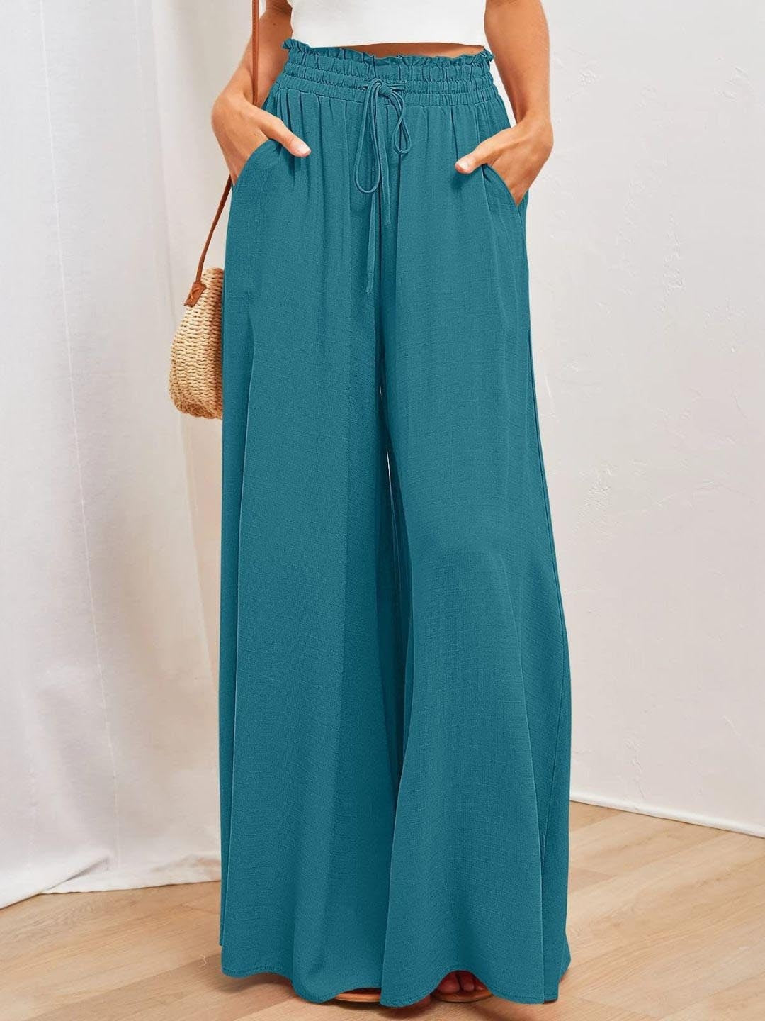 Teal Loose Fit Solid Polyester Trouser
