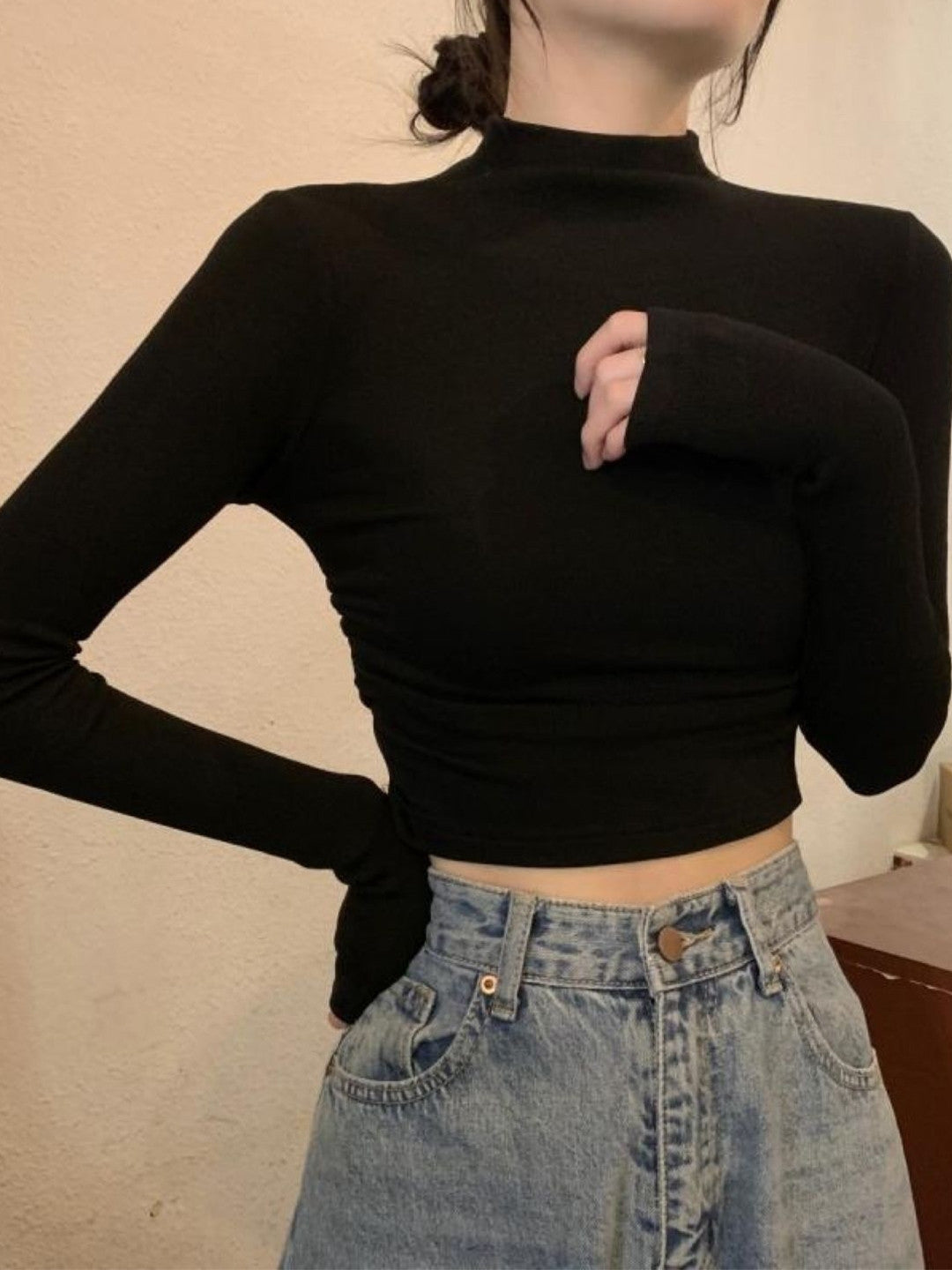 Black Mandarin Collar Long Sleeves Solid Viscose Rayon Crop Top